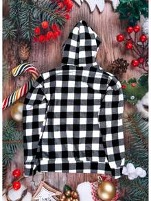 Chaqueta con gorro de cuadros para Hombres con cierre de cremallera aborregada - Blanco y Negro - Ver 2