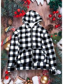 Chaqueta con gorro de cuadros para Hombres con cierre de cremallera aborregada - Blanco y Negro - Ver 1