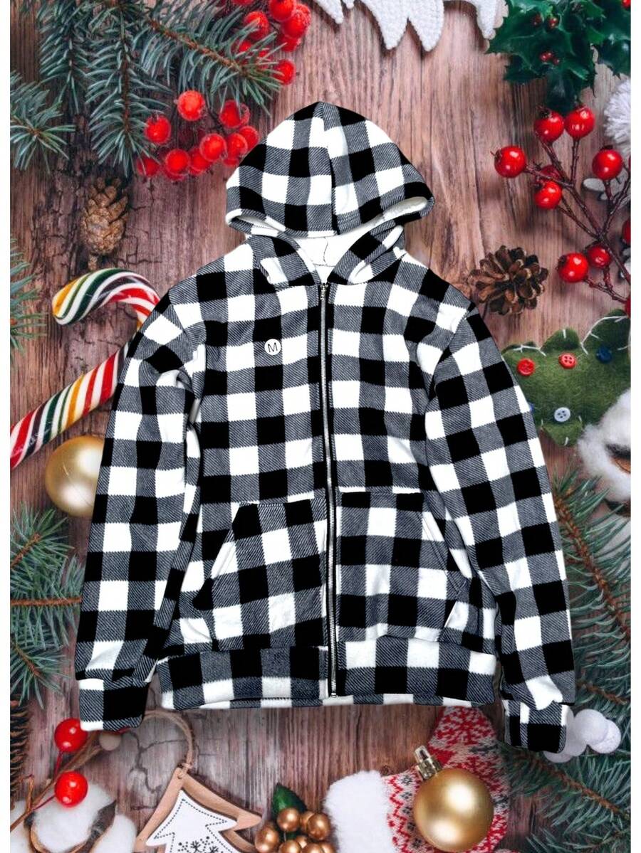 Chaqueta con gorro de cuadros para Hombres con cierre de cremallera aborregada - Blanco y Negro - Ver 1