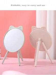 1入三角支架卡通貓耳化妝鏡搭配梳子,透明可折疊公主鏡 - 粉色 - 查看 3