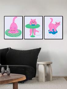 3入組粉色卡通貓設計無框畫布藝印刷品,適用於客廳和臥室,出人意料的禮物 - 彩色 - 查看 3