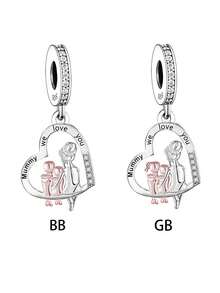 1個心形925銀“媽咪我們愛您”吊墜帶珠子,適用於diy母親節禮物