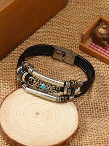 手工編織皮革手鍊,搭配復古合金多層珠飾設計首飾 - 合金松石手環 - 查看 3