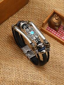 手工編織皮革手鍊,搭配復古合金多層珠飾設計首飾 - 合金松石手環 - 查看 2