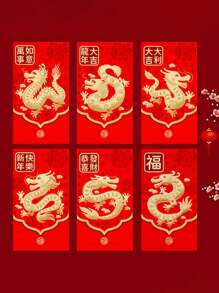 1套/6入 - 龍年紅包,2024年農曆新年紅包,新年裝飾品,創意紅包,印有龍紋樣式的紅色生肖裝飾,適用於春節、婚禮和生日禮物 - 彩色 - 查看 1