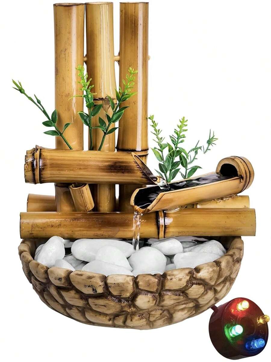 Fonte Bambu De Mesa Feng Shui Agua Cascata Decorativa 26cm - Marrom + LED - Visão 1