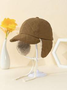 1 件装男女通用儿童卡其色钻石纹加厚羊毛绒护耳帽带帽檐两用简约时尚适合冬季户外防寒保暖时尚搭配 - 卡其色 - 查看 6