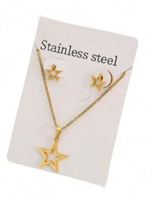 2 Sets Stainless Steel Minimalist Gold-Tone Heart & Stars Necklace Chain & Earrings Set, Mother's Day Gift Valentines