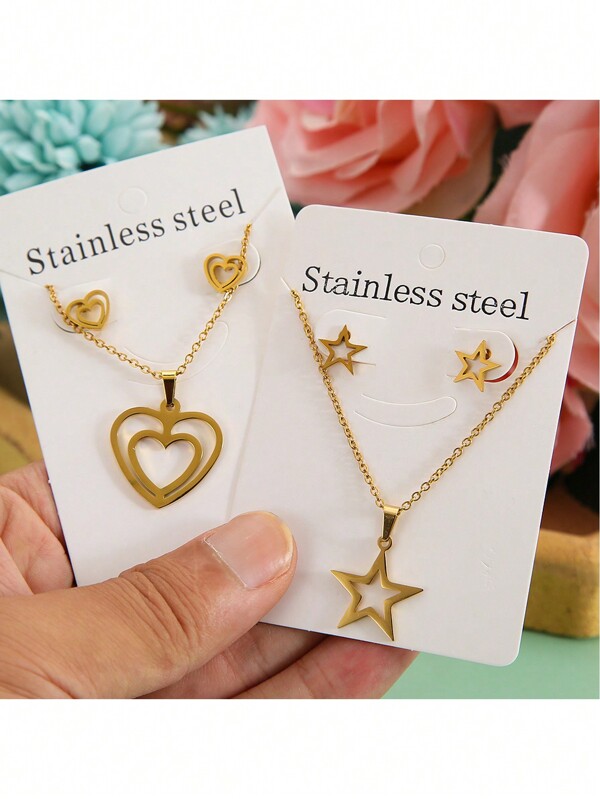 2 Juegos de collar con cadena y aretes de acero inoxidable con diseño minimalista en tono dorado con forma de corazón y estrellas, regalo para el Día de la Madre y San Valentín