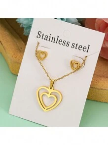 2 Sets Stainless Steel Minimalist Gold-Tone Heart & Stars Necklace Chain & Earrings Set, Mother's Day Gift Valentines