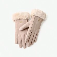 1pair Women'S Fashionable All-Match Thermal Lined Thickened Gloves For Autumn And Winter Outdoor Activities To Keep Warm And Windproof With Casual Style, Classic Design - Khaki - View 1