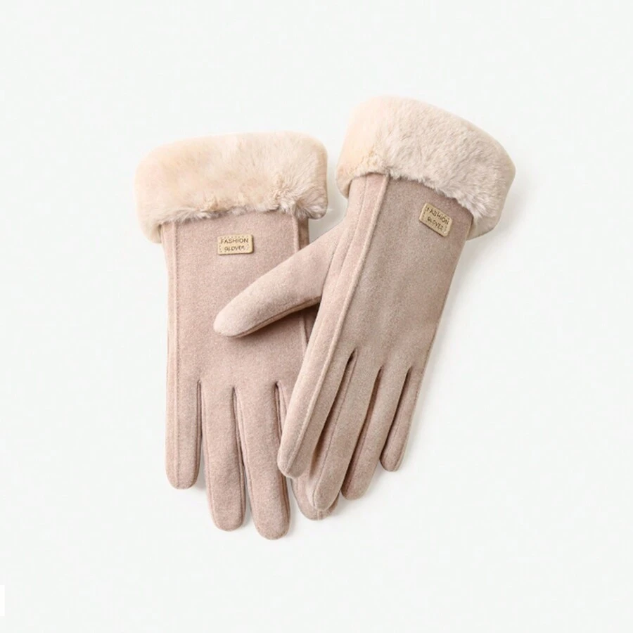 1pair Women'S Fashionable All-Match Thermal Lined Thickened Gloves For Autumn And Winter Outdoor Activities To Keep Warm And Windproof With Casual Style, Classic Design - Khaki - View 1