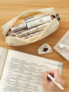 1入米色小筆袋學生鉛筆袋袋化妝包辦公文具收納盒,適合青少年學校使用 - 米色 - 查看 2