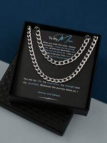 2 Pieces Silver Men's Minimalist Hip-Hop Fashion Stainless Steel Necklace Bracelet Set Blessing Paper Card Box Gift For Husband Man Boyfriend Other Half Gift - Silver - View 6