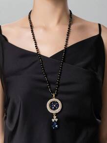 1入心型玻璃珠長毛衣鏈與各種風格的羽毛,楓葉,三葉草形狀的鑲嵌水晶,女性蝴蝶飾項鍊 - 圓形 - 查看 5