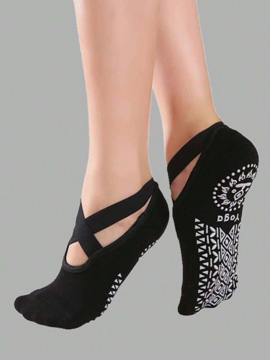 1pc Cross Strap Yoga Anti-Slip Socks, Suitable For Yoga, Dancing And Pilates - Black - View 1