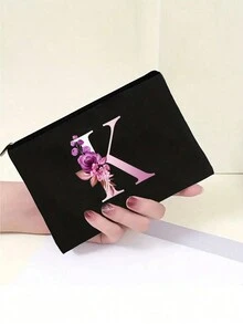 字母k和花卉圖案手提袋,輕巧可折疊拉鍊化妝包,多用途化妝包,便携洗漱袋,適用於女性旅行收納,化妝工具收納,適合作為禮物送給女孩子,聖誕節化妝收納包,手拿包,適合個人旅行化妝品收納 - 黑色 - 查看 4