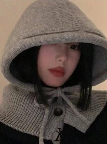 韓國風格貝雷帽圍巾套裝女士,冬季厚實針織灰色帽子帶耳保護 - 灰色 - 查看 3