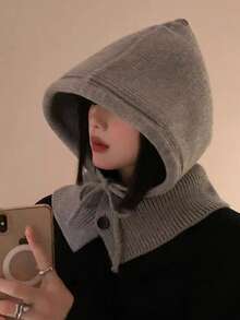 韓國風格貝雷帽圍巾套裝女士,冬季厚實針織灰色帽子帶耳保護 - 灰色 - 查看 2