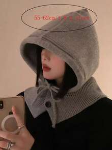 韓國風格貝雷帽圍巾套裝女士,冬季厚實針織灰色帽子帶耳保護 - 灰色 - 查看 7
