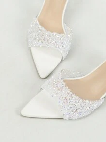 女士时尚水晶粗跟穆勒鞋优雅迷人一脚蹬露趾凉鞋闪亮派对经典魅力白色鞋履 - 白色 - 查看 7