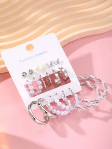 18pcs Fashionable Vintage Exaggerated Rhinestone Butterfly Pearl C-Clip Earrings For Women, Suitable For Daily Wear - Silver - View 4