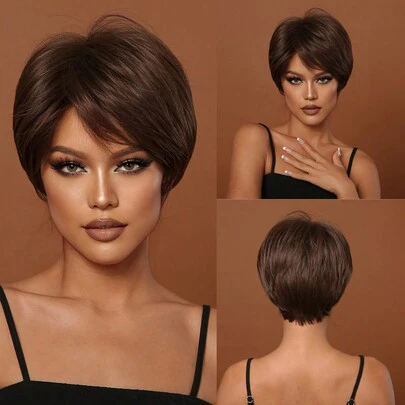 10英寸短直发假发，合成纤维材质，耐热，适合女性，清新自然，日常佩戴百搭。