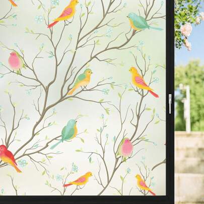 1 Roll Window Privacy Film, Colorful Bird Pattern Glass Decorative Window Sticker, Home Use Frosted Window Film, Bathroom Door Window Cover, Day & Night Privacy, Heat Insulation, Floral Window Decal (Multiple Sizes Available)
