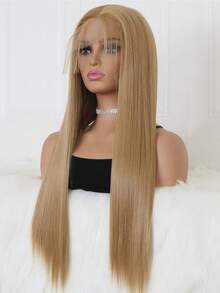 自然柔軟13*4合成蕾絲前鬆緊帶淺灰蜂蜜金中分直髮假髮180密度預梳自然髮際線無膠蕾絲假髮含嬰兒毛 - 金色 - 查看 2