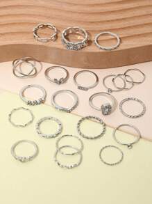 21 Piezas/set Juego De Anillos De Elementos Múltiples De Geometría De Corazón, Diamante De Lujo Incrustado, Adecuado Para Uso Diario De Las Mujeres - Plateado - Ver 2