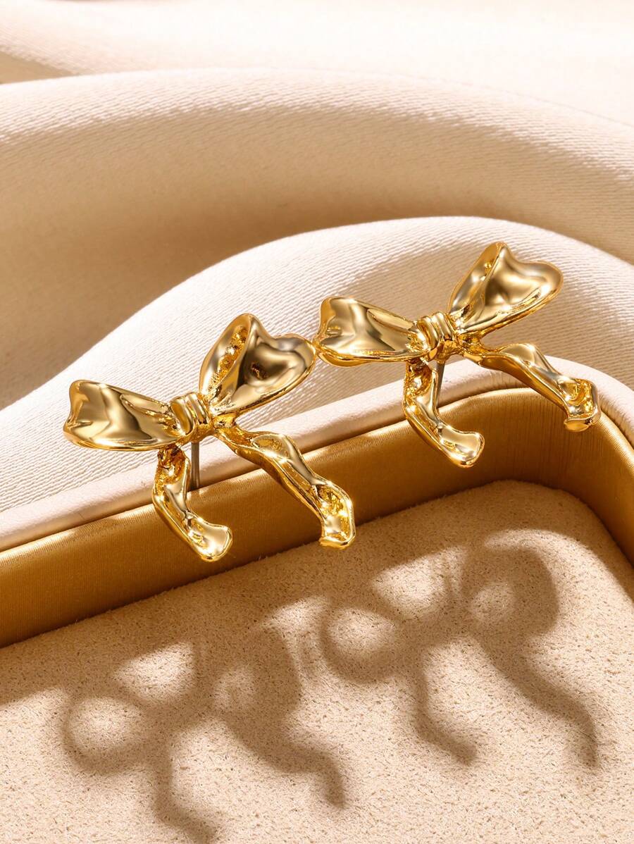 1 Pair Stainless Steel Bowknot Ribbon Stud Earrings, Suitable For Women's Daily Wear, Jewelry Gift