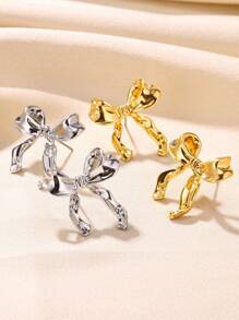 1 Pair Stainless Steel Bowknot Ribbon Stud Earrings, Suitable For Women's Daily Wear, Jewelry Gift