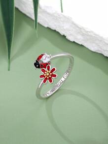 1 件時尚優雅高端手工琺瑯 & 925 純銀花朵甲蟲戒指適合女士日常佩戴