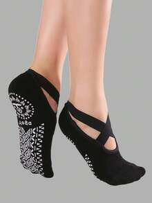 1pc Cross Strap Yoga Anti-Slip Socks, Suitable For Yoga, Dancing And Pilates - Black - View 4