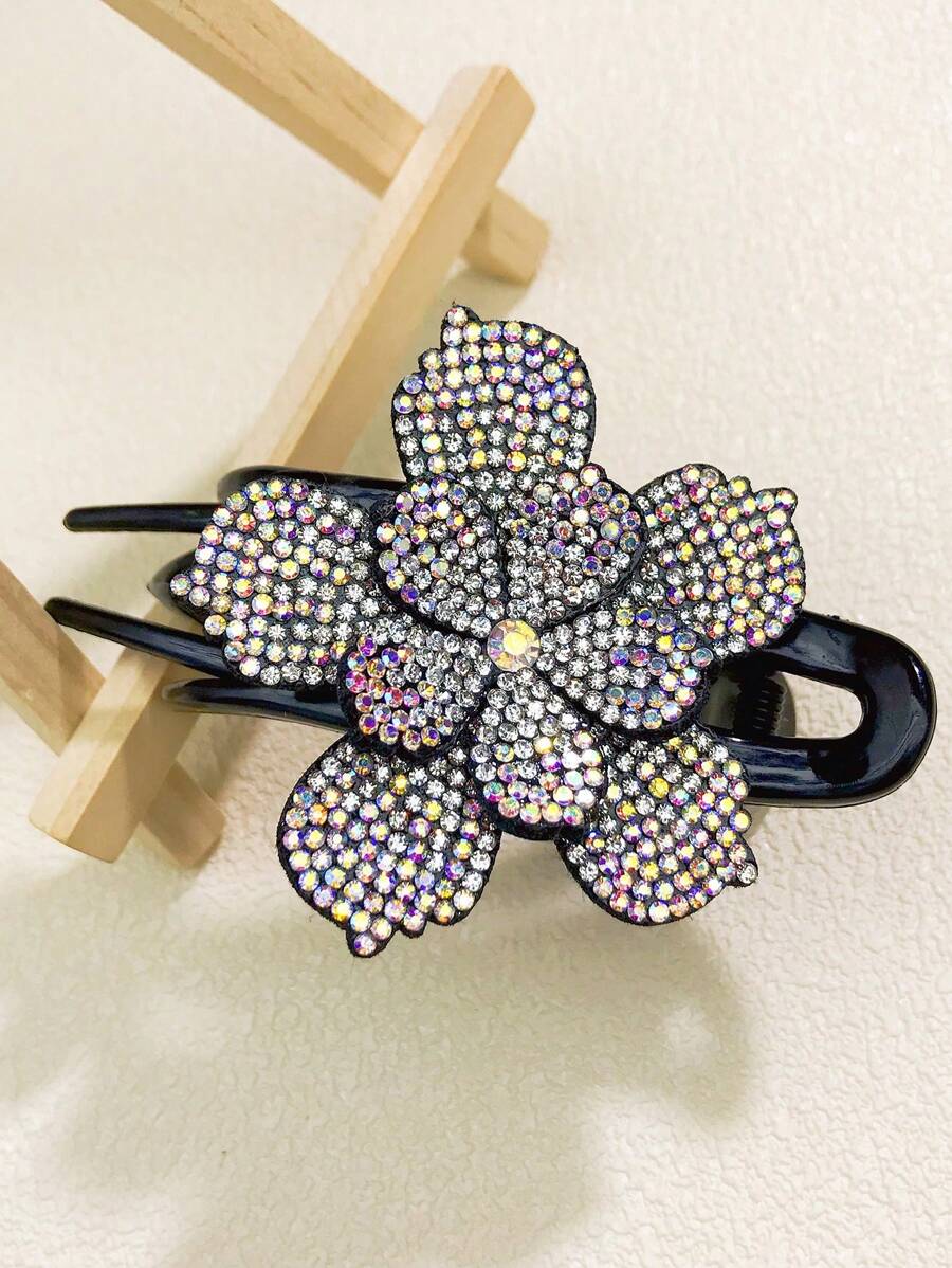 1 件女式藍色水鑽雙層花朵馬尾辮三齒夾髮夾時尚通勤派對禮物 - 藍色 - 查看 1