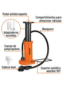 TRUPER Bomba de Pedal 60 PSI Para Inflar, Soporte Metálico Abatible 90° - Naranja - Ver 3
