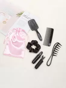 旅行/家居套裝，中空梳子，中空按摩梳，滾輪梳，圓梳，捲髮器，鱷魚夾，美髮夾，配有收納袋的髮刷 - 黑色 - 查看 2