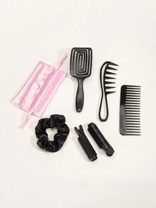 旅行/家居套裝，中空梳子，中空按摩梳，滾輪梳，圓梳，捲髮器，鱷魚夾，美髮夾，配有收納袋的髮刷 - 黑色 - 查看 6
