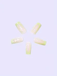 24片長方形&綠色法式&白色蝴蝶&透明冰色&簡約設計美甲貼,附贈果凍膠和指甲銼,完美適用於派對、跳舞和日常穿著。 - 綠色 - 查看 4