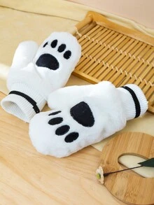 1 双/包女士冬季保暖手套，户外骑行毛绒熊爪手套，白色 - 白色 - 查看 4