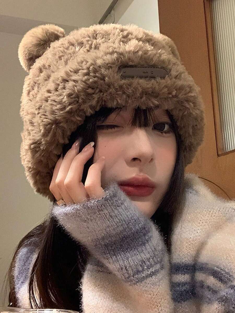 秋冬款毛絨熊耳帽子
