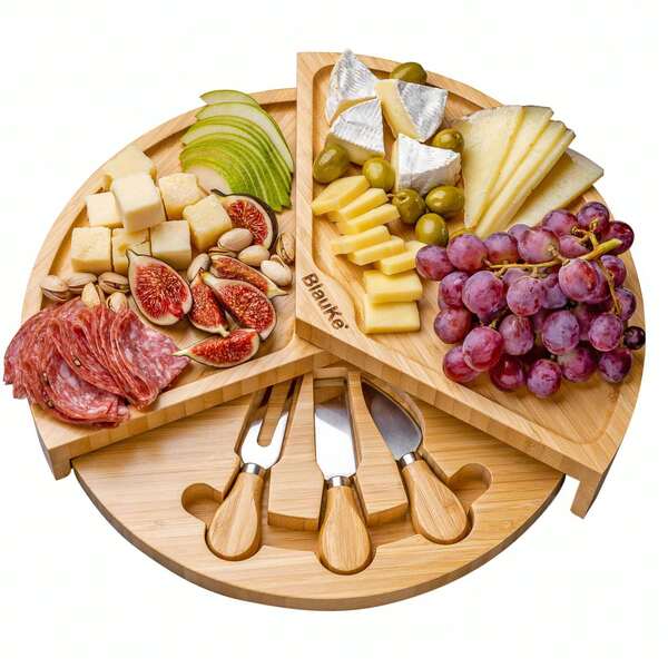 BlauKe® Bamboo Cheese Board And Knife Set - 14 Inch Swiveling Charcuterie Board With Slide-Out Drawer - Cheese Serving Platter, Round Serving Tray