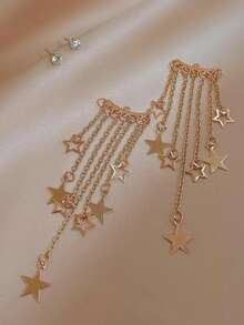 1顆五尖星耳環新款歐美時尚簡約五尖星吊墜耳環星星流蘇耳環 - 金色 - 查看 2