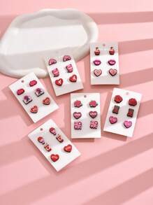 3對/組時尚女士耳環套裝,有心形、玫瑰、唇形、熊、信封等設計,非常適合約會和情人節禮物 - 彩色 - 查看 1