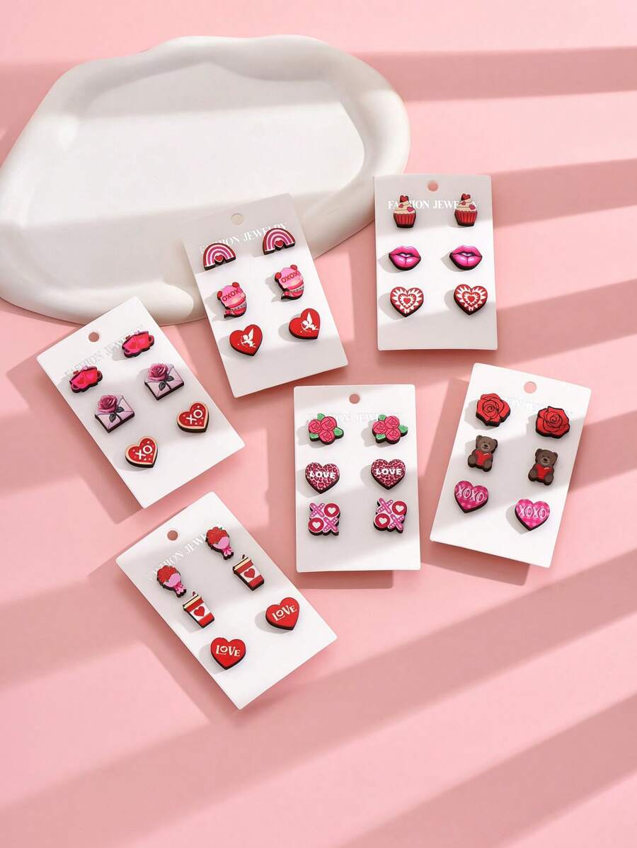 3對/組時尚女士耳環套裝,有心形、玫瑰、唇形、熊、信封等設計,非常適合約會和情人節禮物 - 彩色 - 查看 1