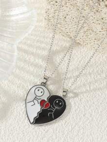 2 件裝愛心、火柴人和手勢情侶吊墜項鍊男士 - 黑與白 - 查看 4