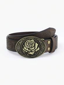 1 Piece Of Women'S Valentine'S Day Gift, Birthday Gift, Fashionable And Casual Embossed Spray Edge Square Embossed Rose Button Head Belt - Khaki - View 2