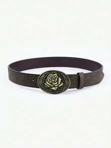 1 Piece Of Women'S Valentine'S Day Gift, Birthday Gift, Fashionable And Casual Embossed Spray Edge Square Embossed Rose Button Head Belt - Khaki - View 3