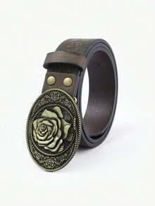 1 Piece Of Women'S Valentine'S Day Gift, Birthday Gift, Fashionable And Casual Embossed Spray Edge Square Embossed Rose Button Head Belt - Khaki - View 5