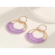 Nuevos Aretes Colgantes Hechos A Mano En Estilo Bohemio Trenzado De Hierba De Rafia De Europa Y América, Creativo Trenzado Hecho A Mano - Morado - Ver 4